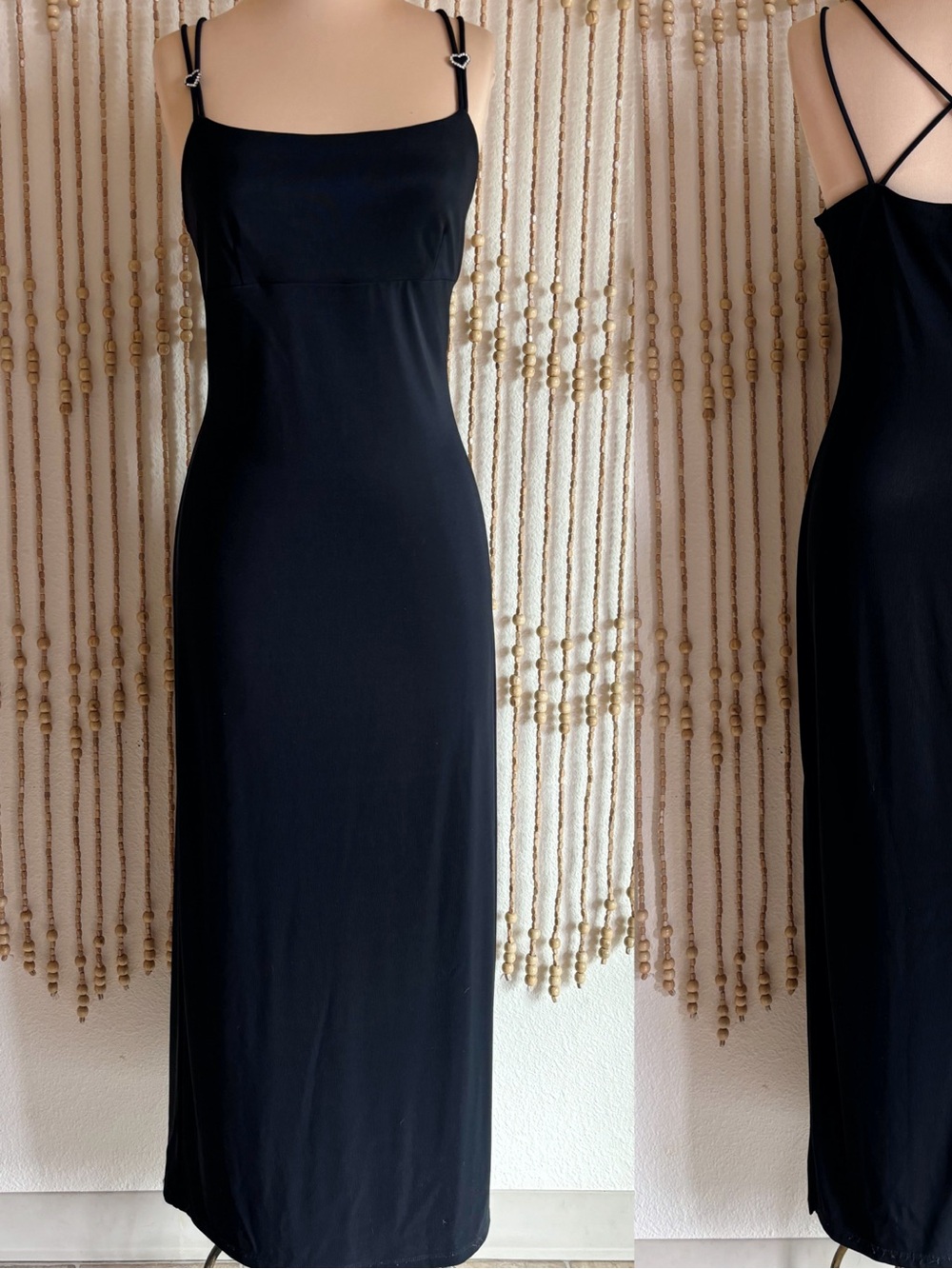 Vintage Fashion Bug 90s Y2K Black Slip Heart Rhinestone Formal Elegant Dress
